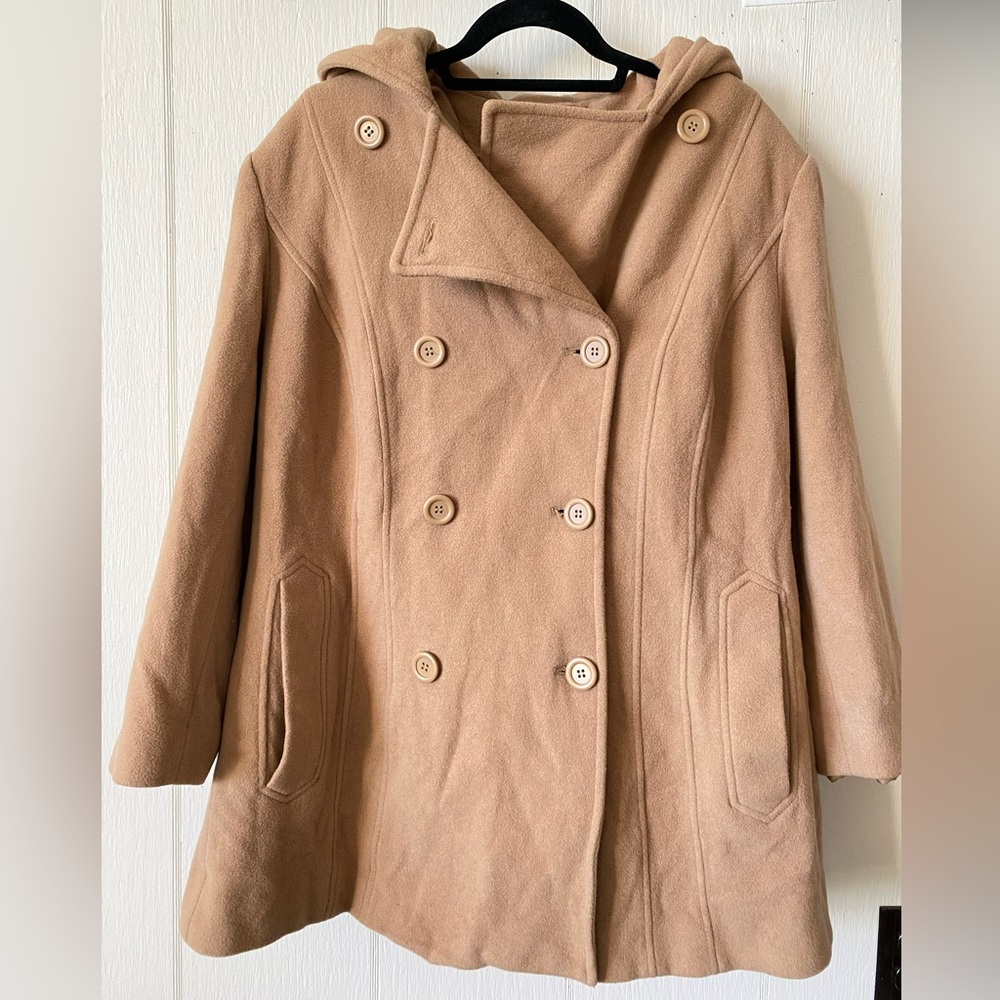 Anne Klein beige hooded button up winter peacoat wool blend